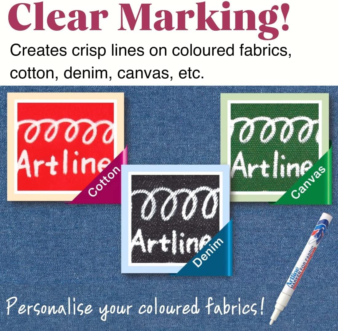 Artline Fabric Markers Permanent For Clothes, High Density Instant Dry Ink for Bright Clothing & Labels, Fabric Marker with 1.2 mm Fine Tip, White, Pack of 12