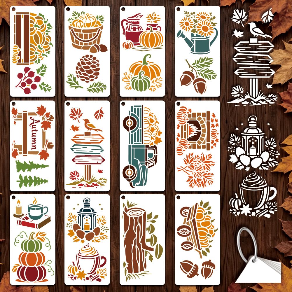 GOMAKERER 12 Sheets Fall Harvest Stencil for Painting, Pumpkins Maple Leaves Pine Cones Acorns Reusable PET Stencils Autumn Life Drawing Stencil for Painting on Wall Wood Home Decor