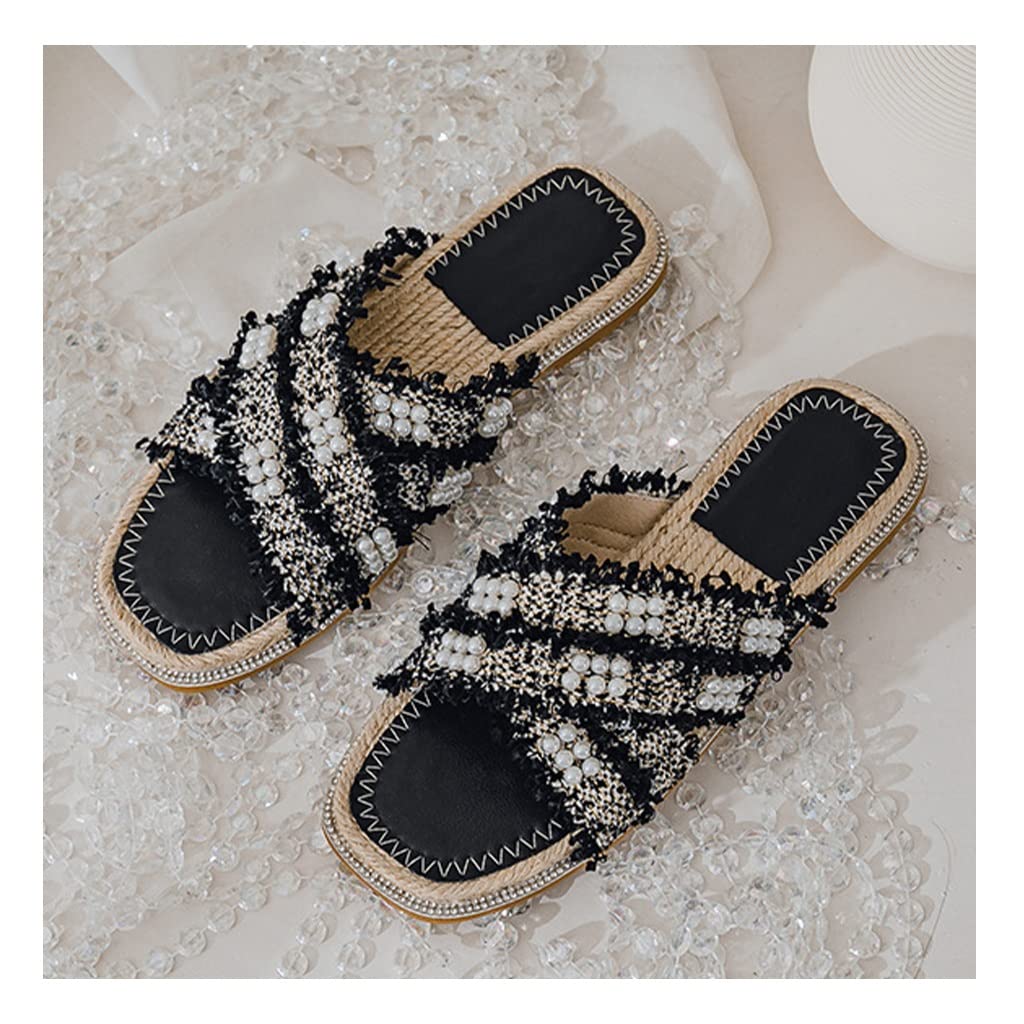 Zapatillas ligeras de lino y algodón para mujer, zapatos transpirables antideslizantes con cinturón cruzado para la playa al aire libre, sandalias planas con punta abierta de verano para mujer (color: