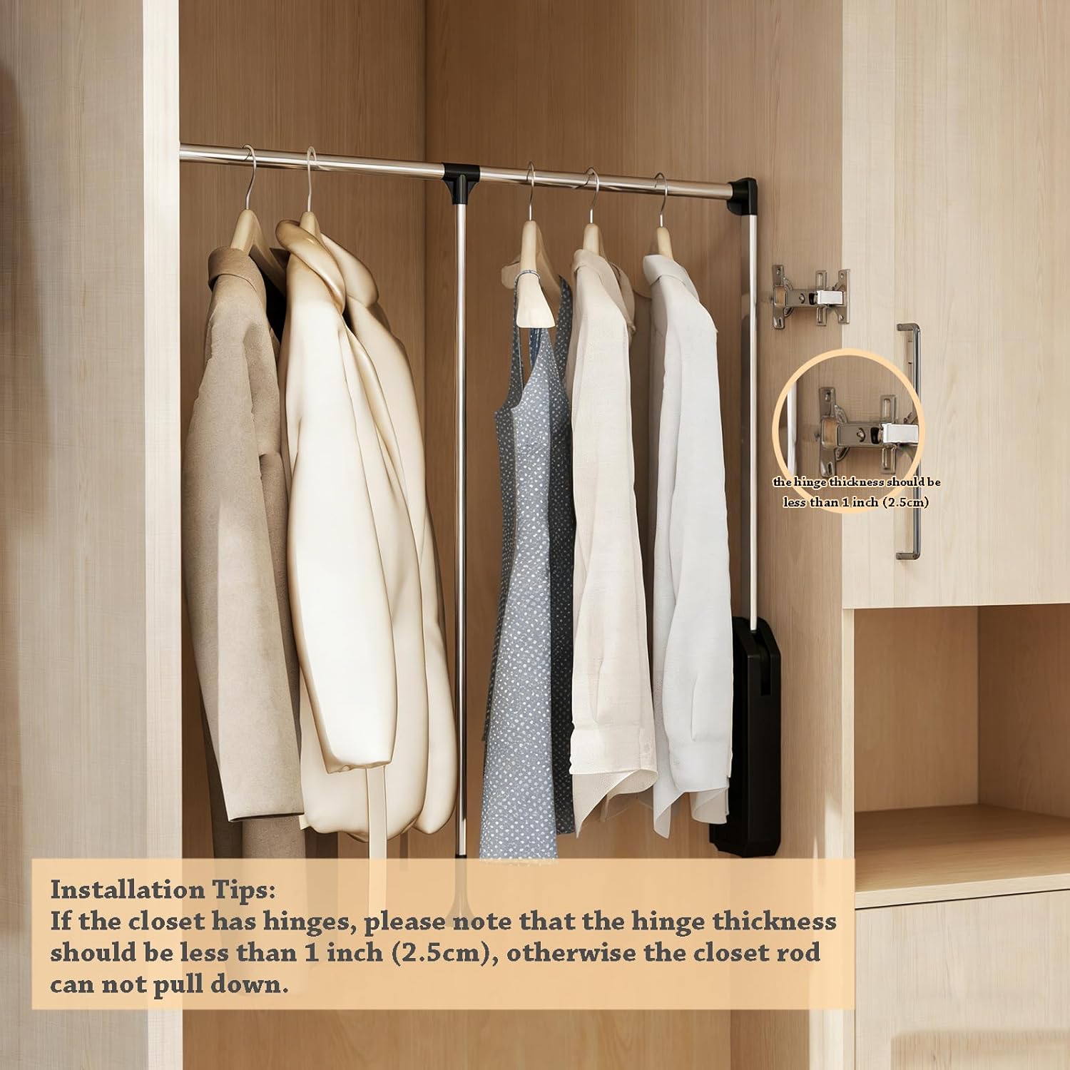 tonchean Pull Down Closet Rod, Stainless Steel 35-48 Inch Adjustable Closet Rod for Hanging Clothes Side & Back Mounted, Heavy Duty Wardrobe Lift Rail Organizer Two-way Buffering 60Lbs Load Capacity