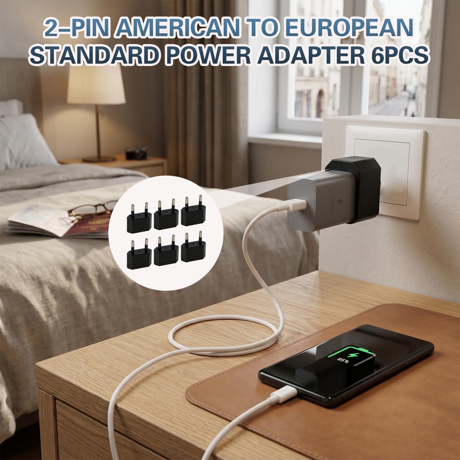 6 Stück US Stecker Adapter auf EU, Reiseadapter USA auf EU, Kompakt Tragbar, USA Kanada Japan Netzteil Adapter für Smartphones Laptops Tablets Bluetooth-Lautsprecher, Euro Steckdose Deutschland Europa