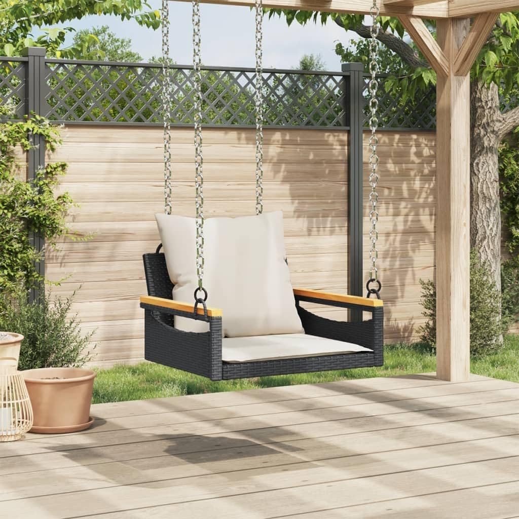 Hamaca colgante de poliratán negro, banco balancín con cojín negro, 63 x 62 x 40 cm, ratán sintético con marco de acero pulverizado, incluye cojín acolchado grueso para jardín y terraza