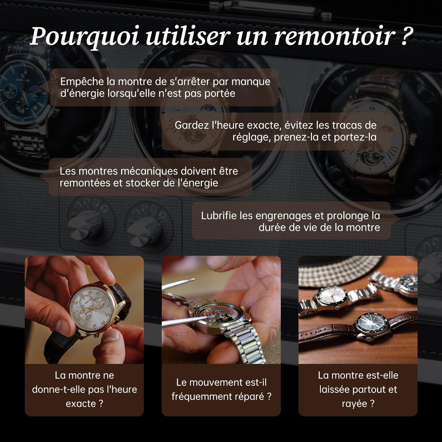 Mcbazel Remontoir pour Montre Automatique - Boîte à Remontre Automatique en Cuir PU Rectangulaire pour 4 Montres, Moteur Ultra-Silencieux avec 4 Cadrans de Montre, Eclairage LED, 4 Modes de Rotation