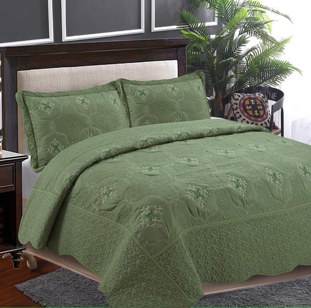 MarCielo 3-Piece Fully Quilted Embroidery Quilts Bedspreads Bed Coverlets Cover Set, Cal King Size, Olive Green, White, Emma(Oversize, Sage)