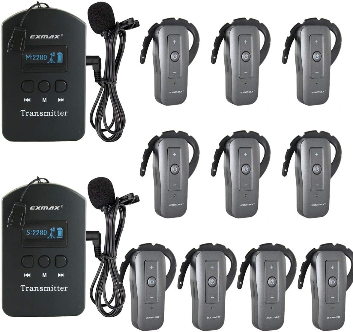 EXMAX EXD-6688 2.4Ghz Wireless Audio Voice Transmission System Whisper Microphone Equipment Support Two Transmitters Work Simultaneously for Field Trip Hajj(2 Transmitters & 10 Receivers)
