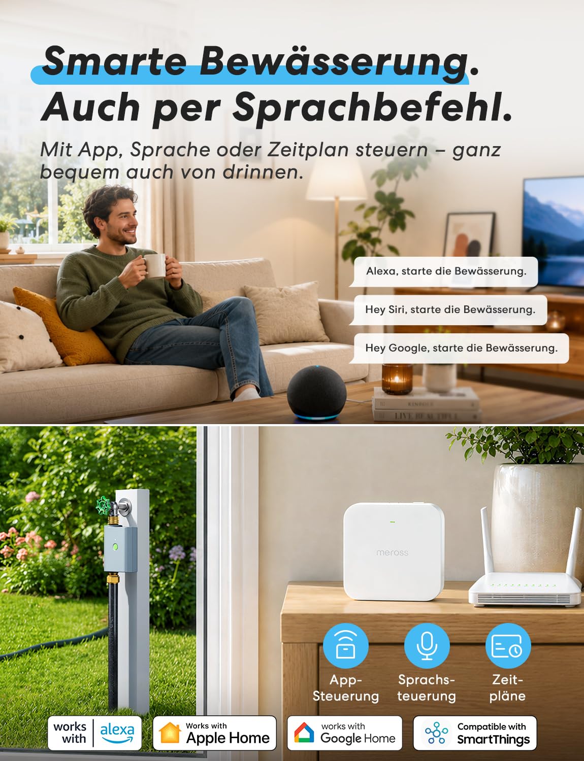 meross Bewässerungscomputer WLAN mit Smart Hub, Bewässerungstimer Garten, App- und Sprachsteuerung, Regenpause, Wasserverbrauchsanzeige, Messinganschlüsse, IP65, Alexa, Google & Apple Home, Grau