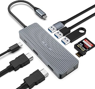 HOPDAY USB C Hub, 9 in 1 Triple Display USB C Adapter by 2*HDMI/VGA, MacBook Pro/Air 5Gbps Fast Docking Station for Dell,Surface,HP,Lenovo and Type C Devices (SD/TF+USB A 3.0/2.0+PD Charging)