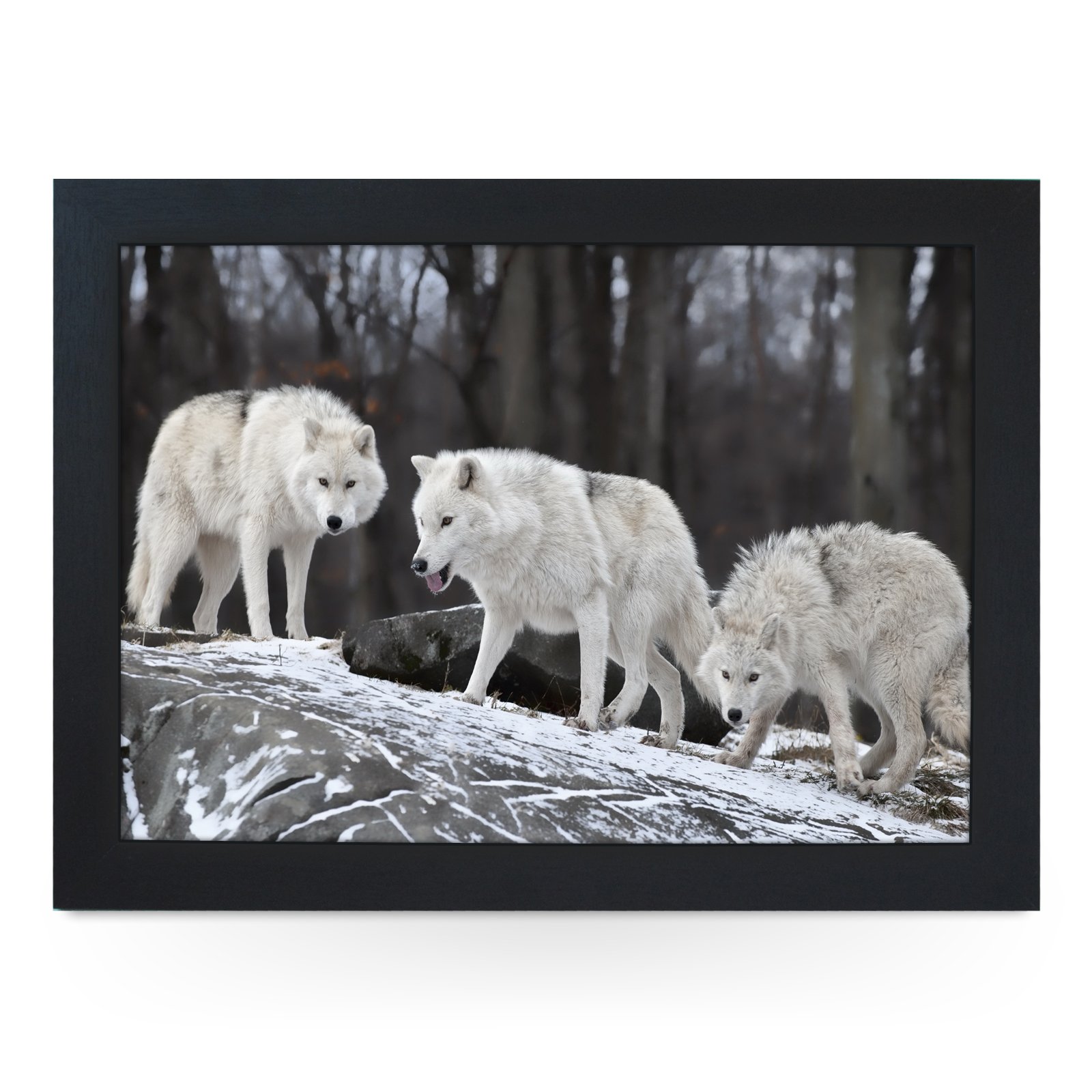 Portable Lap Desk Tray (Three White Wolves) Handmade Wooden Frame, Beanbag Cushioned Bottom | Computers, Laptops, Meals, Food | L0003 Black