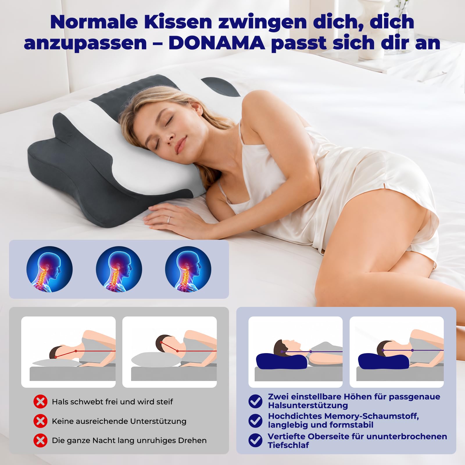 DONAMA Nackenkissen Memory Foam Schmetterlingsform zum Schlafen, 2 Höhen | Nacken- und Schulterkomfort, ergonomisches kopfkissen für jede Schlafposition, Maße 64x39x10/13 cm, für die ganze Familie