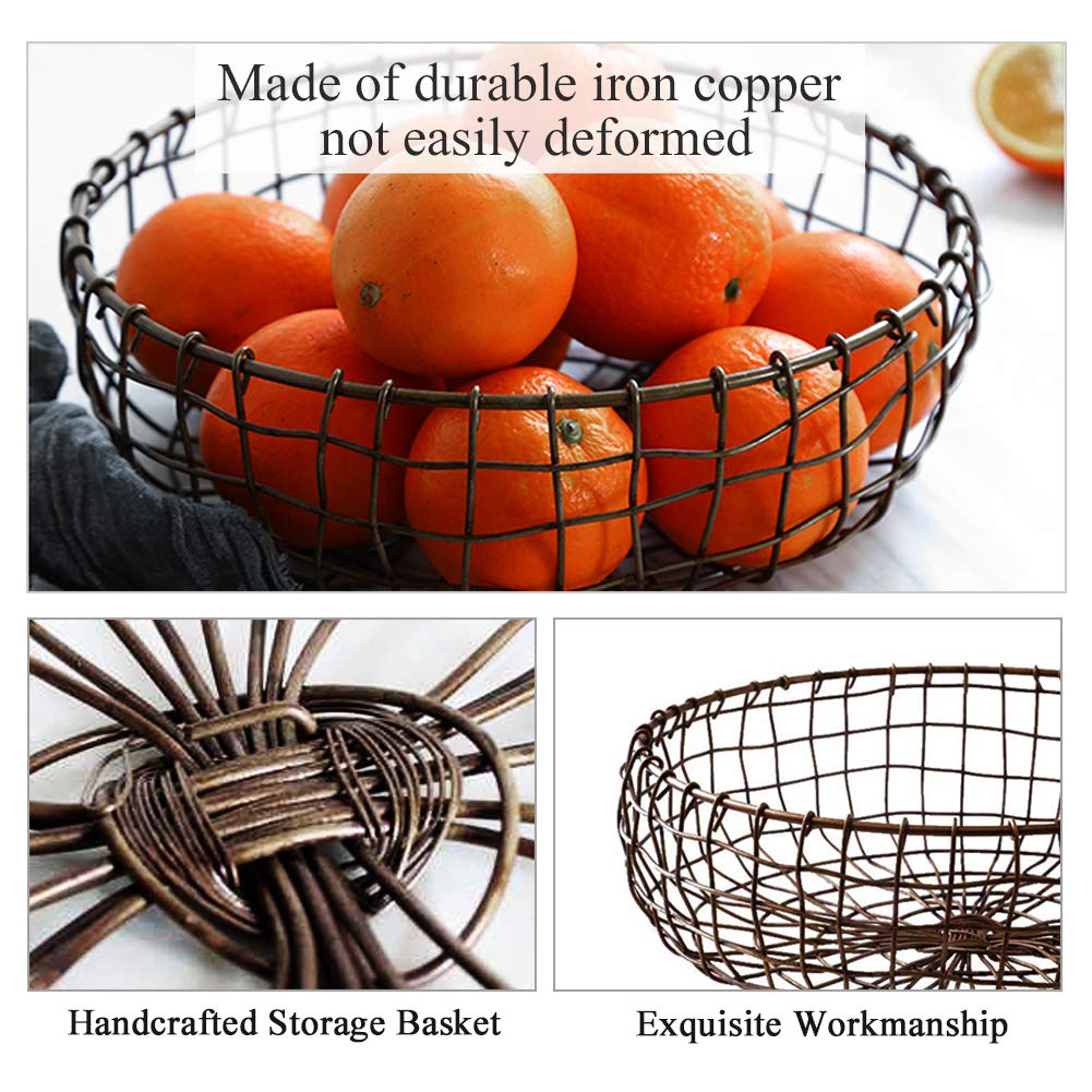 Retro Iron Fruit Basket, Handcrafted Rustic Farmhouse Wire Fruit Bowls Vintage Style Countertop Basket Bread Snack Vegetable Storage Basket for Kitchen Table Dining Decoration