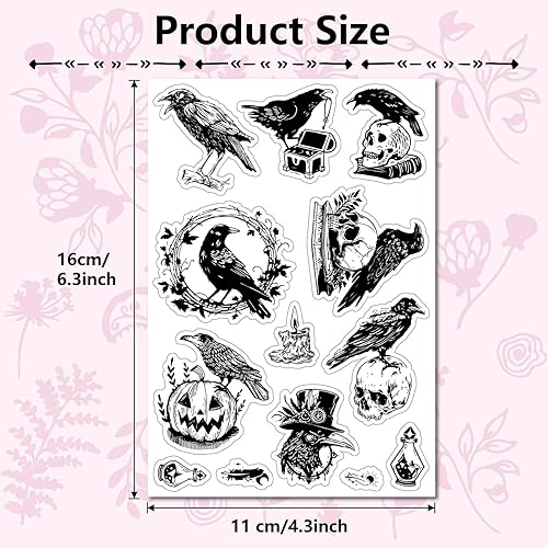 Miniatura 2 de CRASPIRE Sello de goma transparente de calavera de cuervo, calabaza, Halloween, cuervo, vintage, transparente, sellos de silicona para diario,