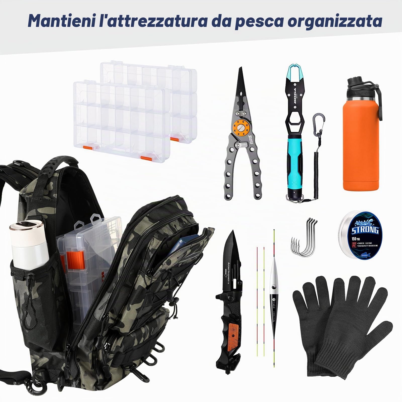 MoKo Zaino da pesca impermeabile con portacanne, verde mimetico | Borsa da pesca in nylon con 3 tasche, supporto per 2 canne e spallacci regolabili per campeggio ed escursionismo.
