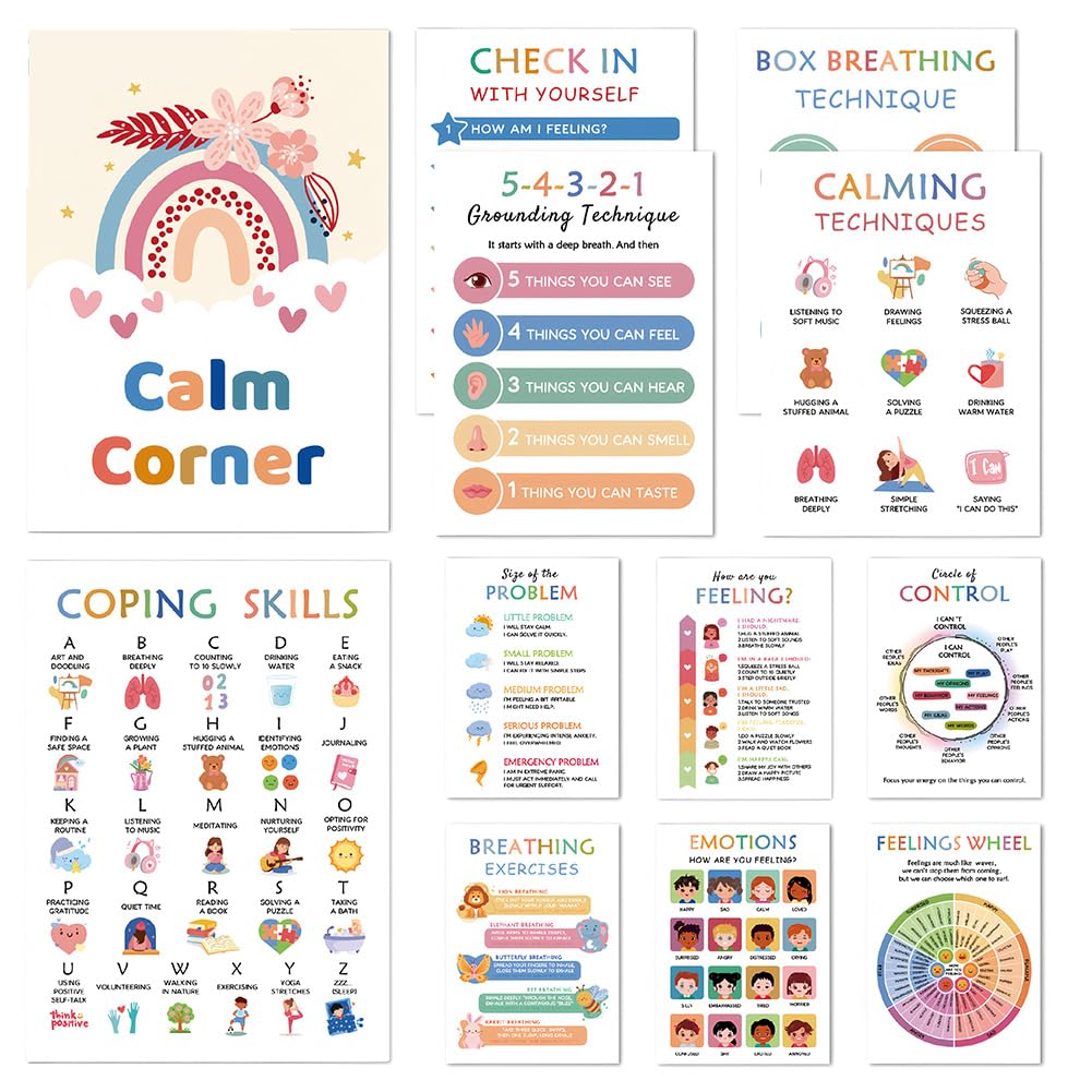 MOPQMKT 12 PCS Feelings Chart & Emotions Posters for Classroom – Calming Corner Posters with PET Film, Mental Health Therapy Posters， Stress Management & Zones of Regulation Wall Charts