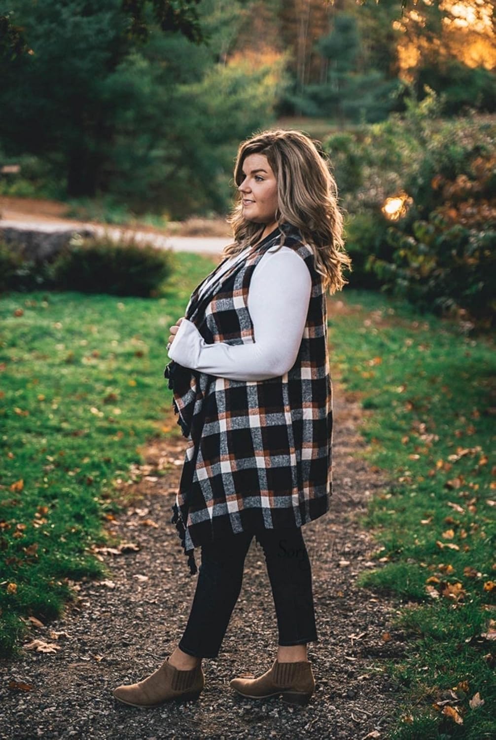 Inorin Womens Sleeveless Plaid Asymmetrical Hem Tassel Drape Open Front Cardigan Vest - Image 3