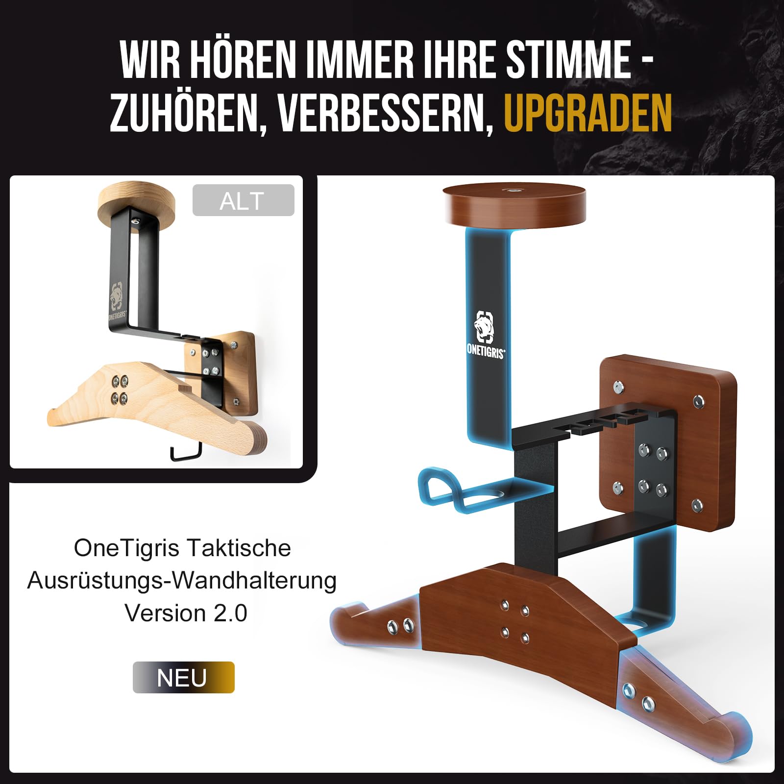 OneTigris Helmhalterung Wand, verstellbare Motorrad Garderobe, bis 80 kg | Premium Motorradgarderobe mit verstellbarem Bügel für Helm, Lederkombi und Jacke – stabil bis 80 kg