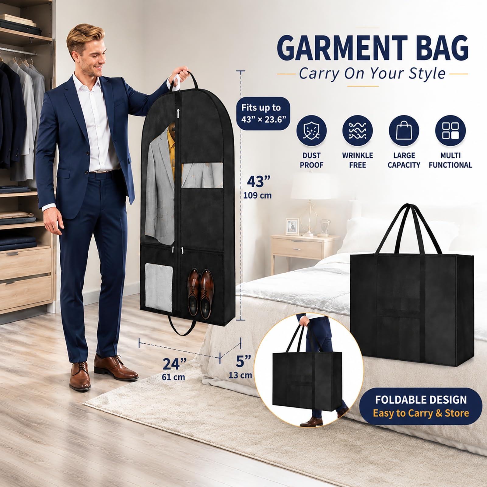 CYD Borsa porta abiti da viaggio per uomo, borsa pieghevole, nero, 109,2 cm porta abiti, confezione da 2