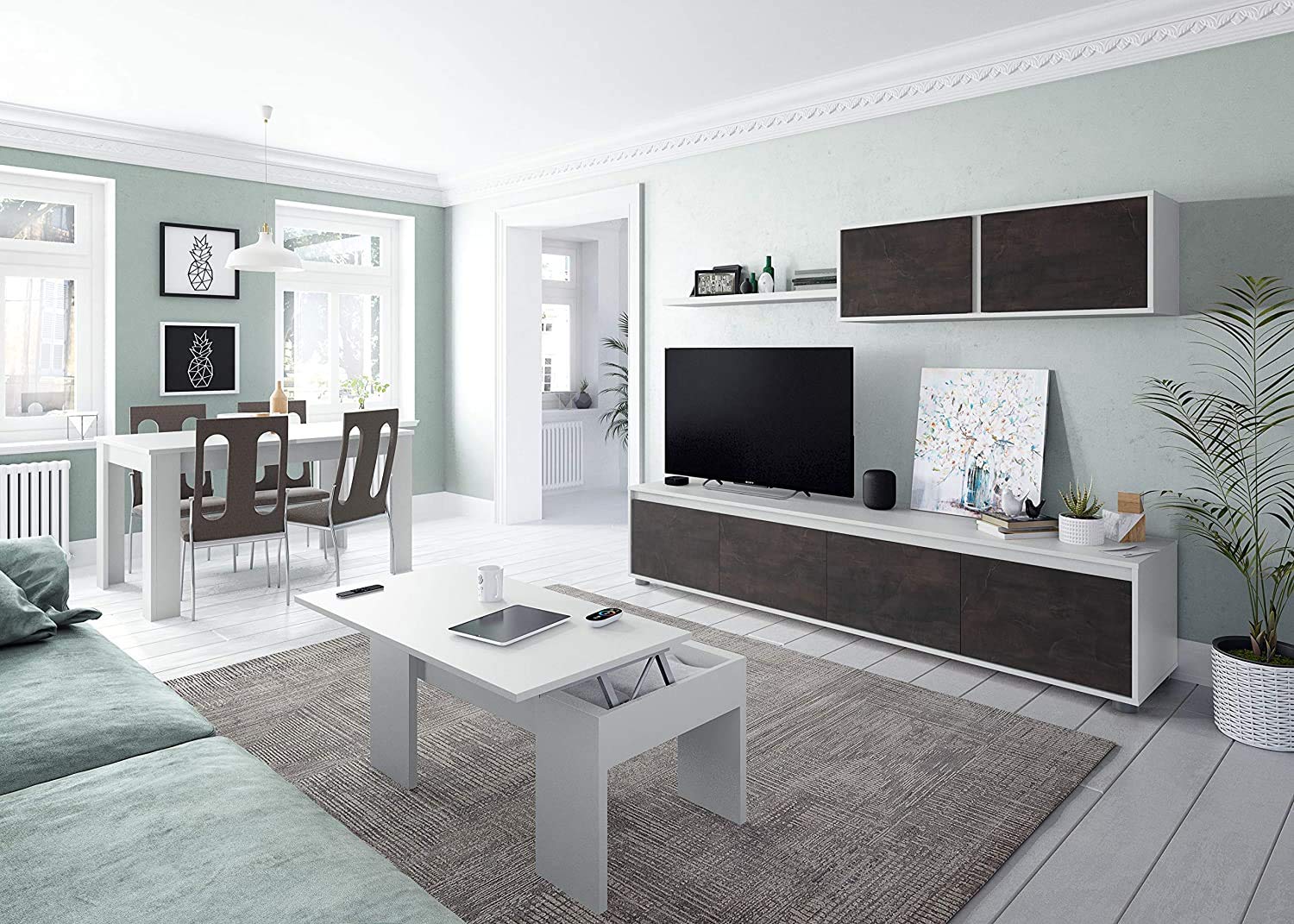 Mobelcenter – Mueble de Salón Moderno Alida – Módulo TV, Módulo Superior y Estante – Acabado en Color Blanco Artik y Óxido – Medidas: Ancho: 200 cm x Alto: 43 cm x Fondo: 41 cm - (1096)