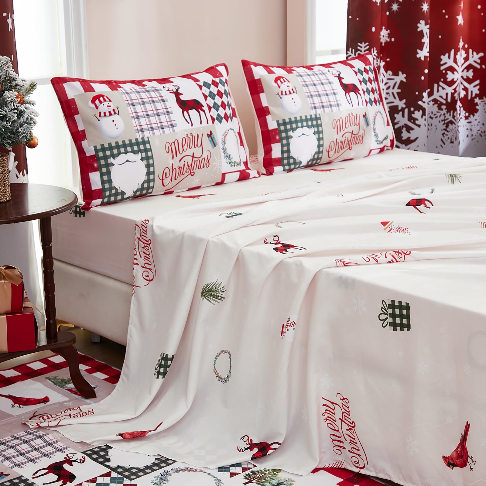 WONGS BEDDING Christmas King Size Sheet Set 4 Piece Holiday Bedding Sheets Pillowcases Ultra-Soft Fitted Sheet with Deep