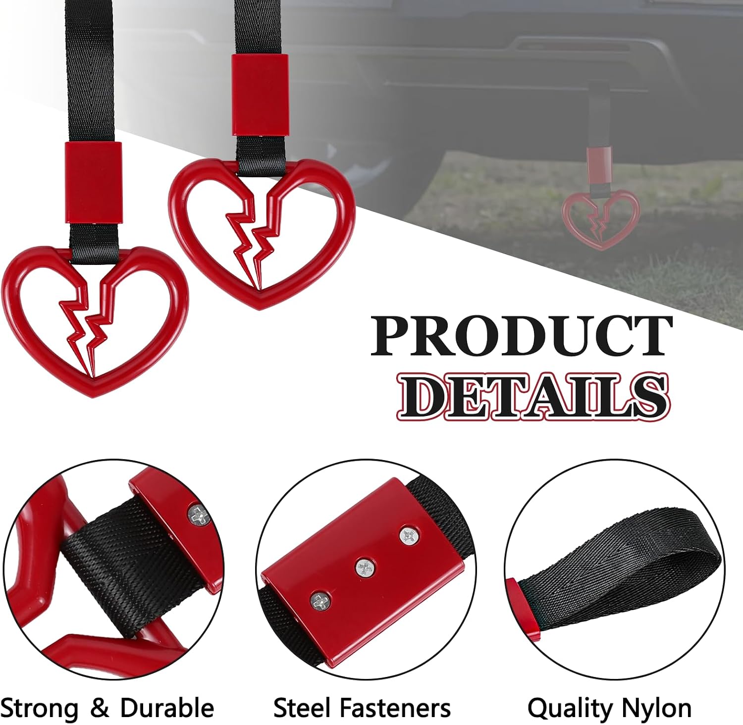Wuyaoyao 2PCS Broken Heart Handle Ring for Car, Heart Shaped Handle Straps, Hand Strap Grab Handles Hang Ring for Car Bus Subway, Drift Charm Rear Bumper Warning Interior Decoration (Red)