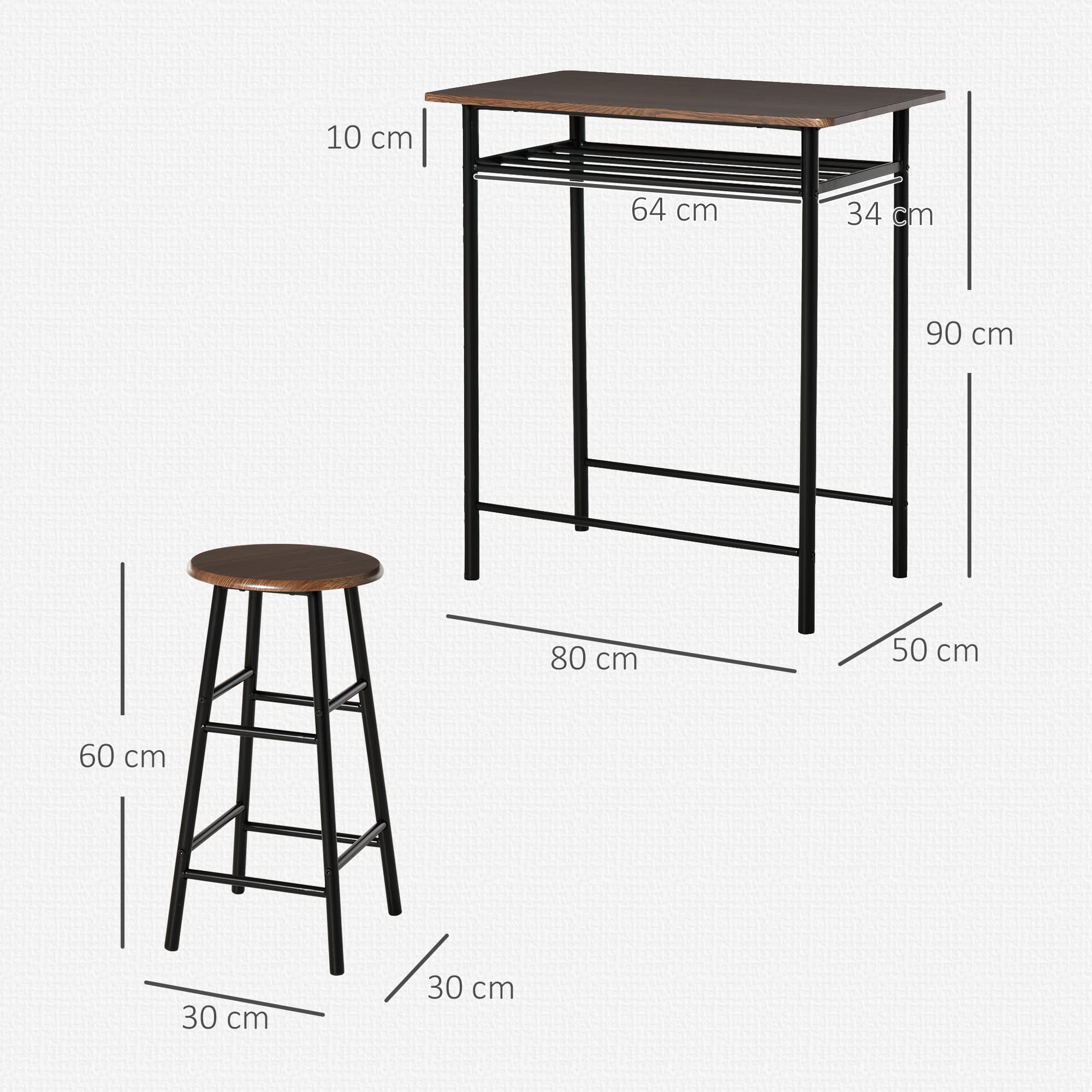 HOMCOM Ensemble Table de Bar avec tabourets, Table à Manger Debout avec 2 chaises, étagère et Pieds en métal, Style Industriel, Table Haute Bar et 2 tabourets pour Salle à Manger, Cuisine, Noir