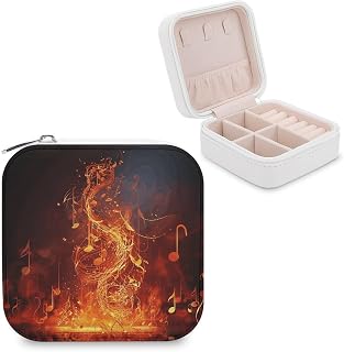 Travel Jewelry Case Portable PU Leather Jewelry Organizer for Women Travel | Red Flame Music Note Jewelry Box for Necklaces, Rings, and Earrings, Jewelry Bag with Removable Dividers for Gift