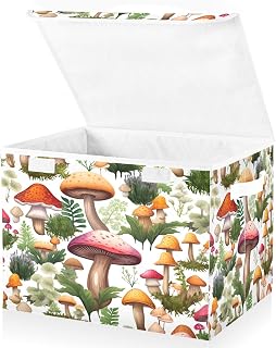Blueangle Watercolors Mushrooms Storage Bins with Lids, 16.5 x 12.6 x 11.8 in, Large Collapsible Organizer Storage Basket for Home Closet Office Décor（454）