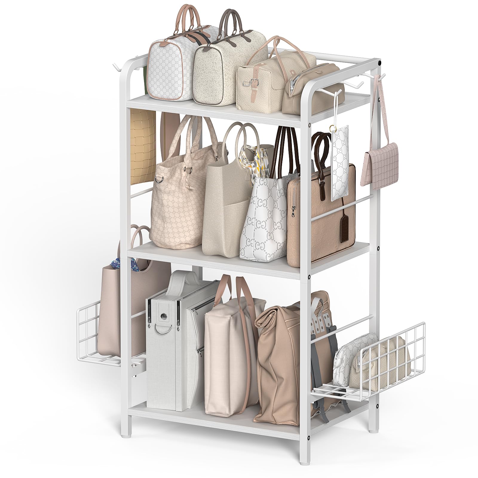 PINPON 3-Tier Purse Organizer Rack, Iron & Wood Floor-Standing Bag Storage Holder with 6 Hooks & 2 Removable Baskets, Adjustable Feet for Closet, Bedroom, Entryway, Living Room