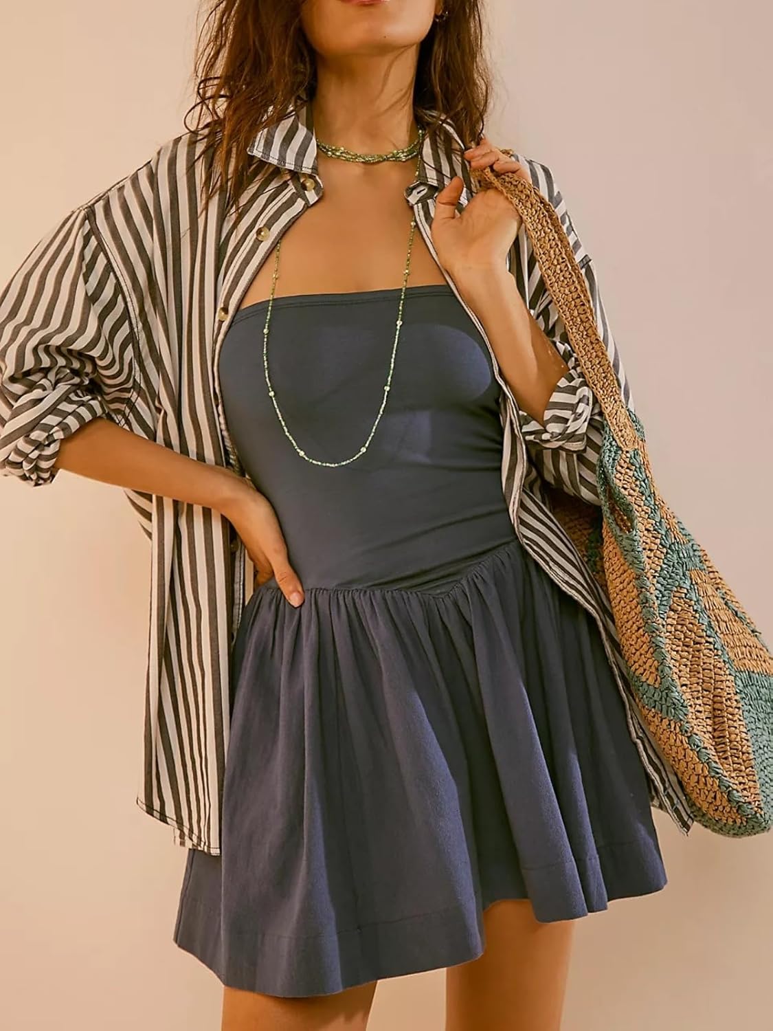 Summer Solid Strapless Mini Dress for Women Tube Top Dresses Patchwork Pleated Drop Waist Flared Beach Dress - Image 2