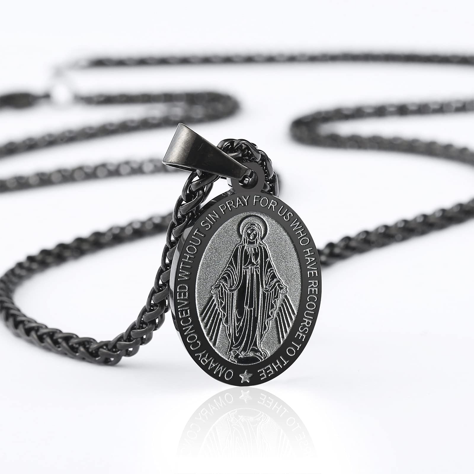 RS Virgin Mary Necklace for Men Miraculous Medal Stainless Steel Mary