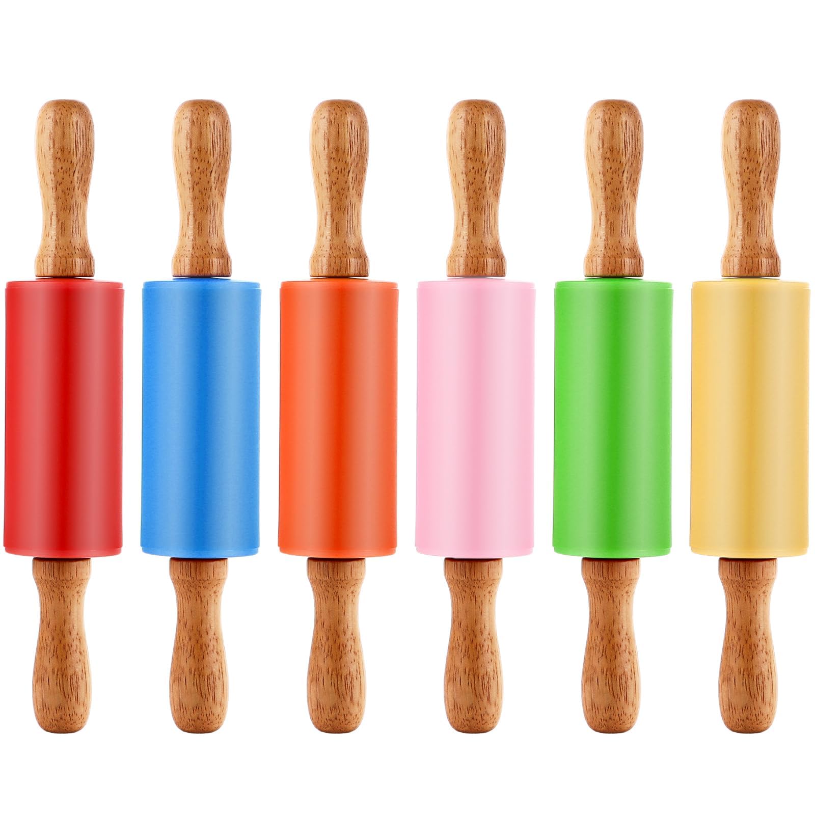 Lot de 6 Petit Rouleau Patisserie en Silicone 23,5 cm, Mini Rouleau Patisserie Antiadhésif avec Manche en Bois pour Fondant, Ravioli et Pizza