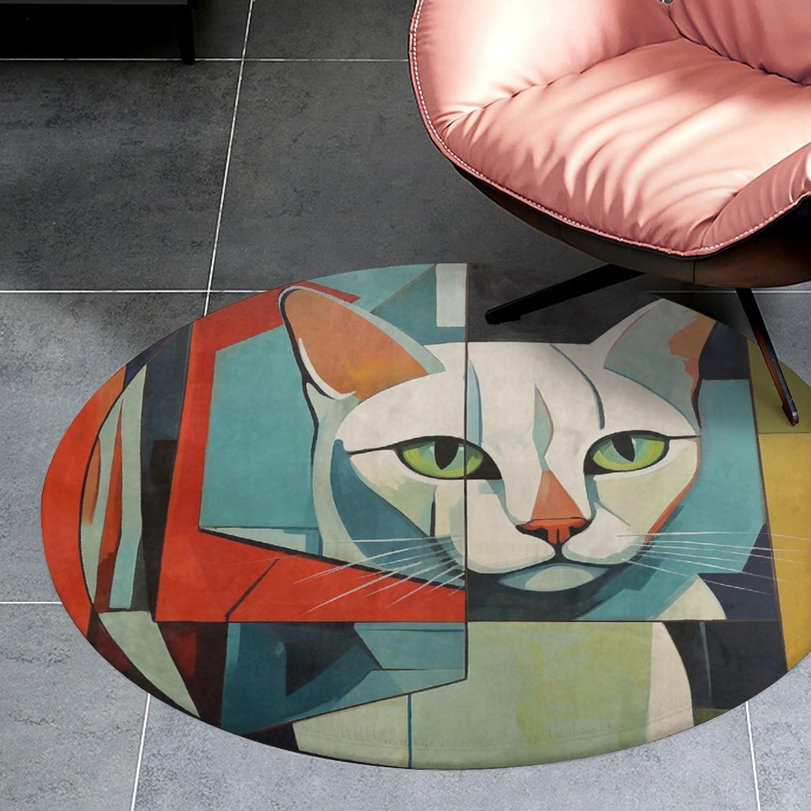 Tapis rond en velours corail de 0,9 m antidérapant beige géométrique