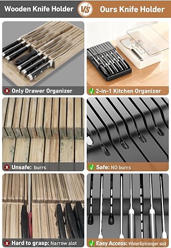Vista 5 de MAD SHARK Bloque de cuchillos desmontable 2 en 1 y organizador de cubiertos, soporte para cuchillos de cajón para 10 cuchillos, sin BPA, ranuras