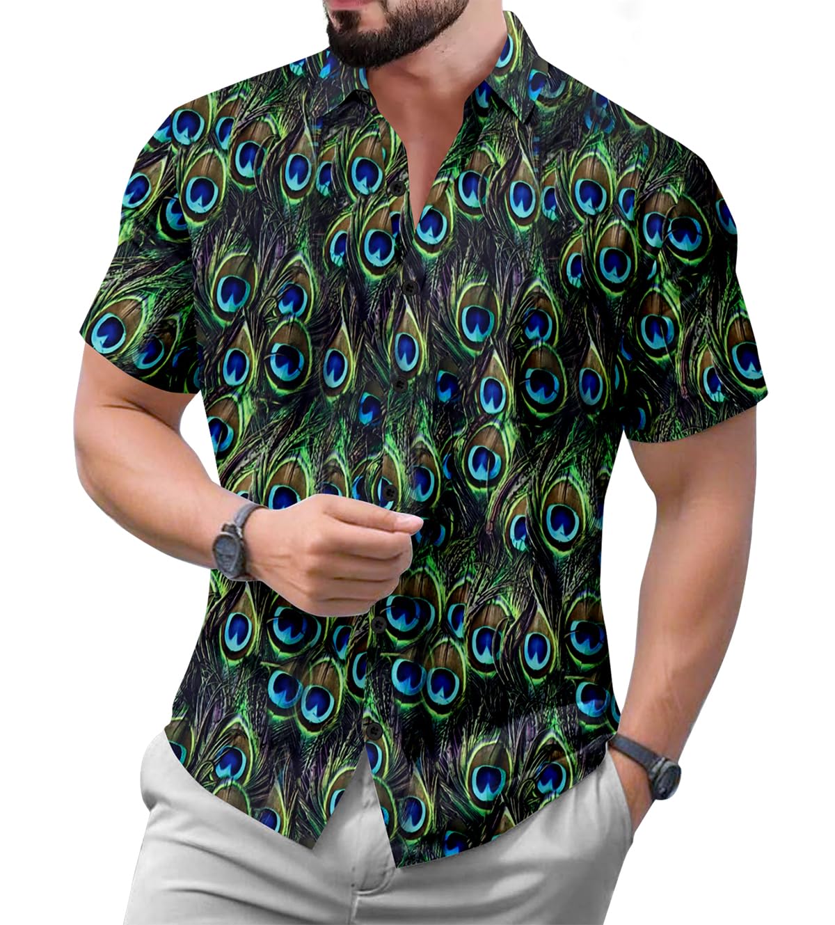 Lamboo Men's Regular Fit Peacock Print Cotton Blend Shirt with Half Sleeve Collared Neck and Button Down Closure Type |Linen Shirt for Men-image-29