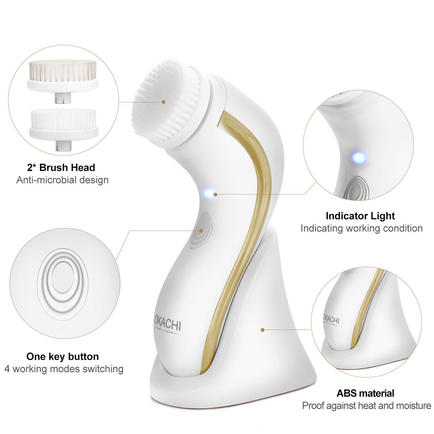 OKACHI GLIYA Cepillo Facial Limpiador Eléctrico con IPX7 Impermeable del Agua Exfoliante de Piel Limpieza Profunda con 2 Cabezales de Cepillo – Dorado