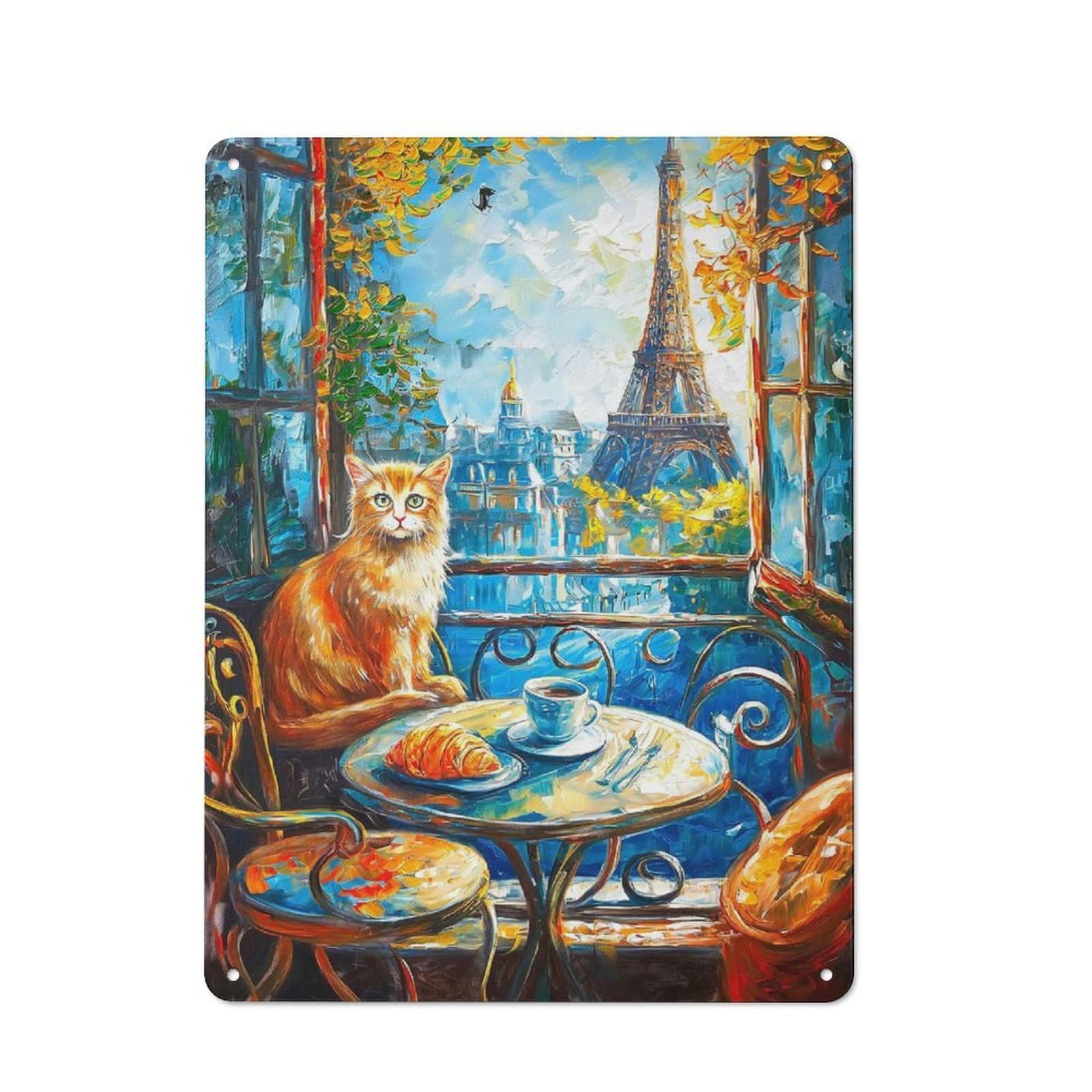 Cat with Eiffel Tower View Painting Tin Sign 40x30cm, Creative Studio Wall Plaque for Hobby Room, Office, Lounge Or Living Room