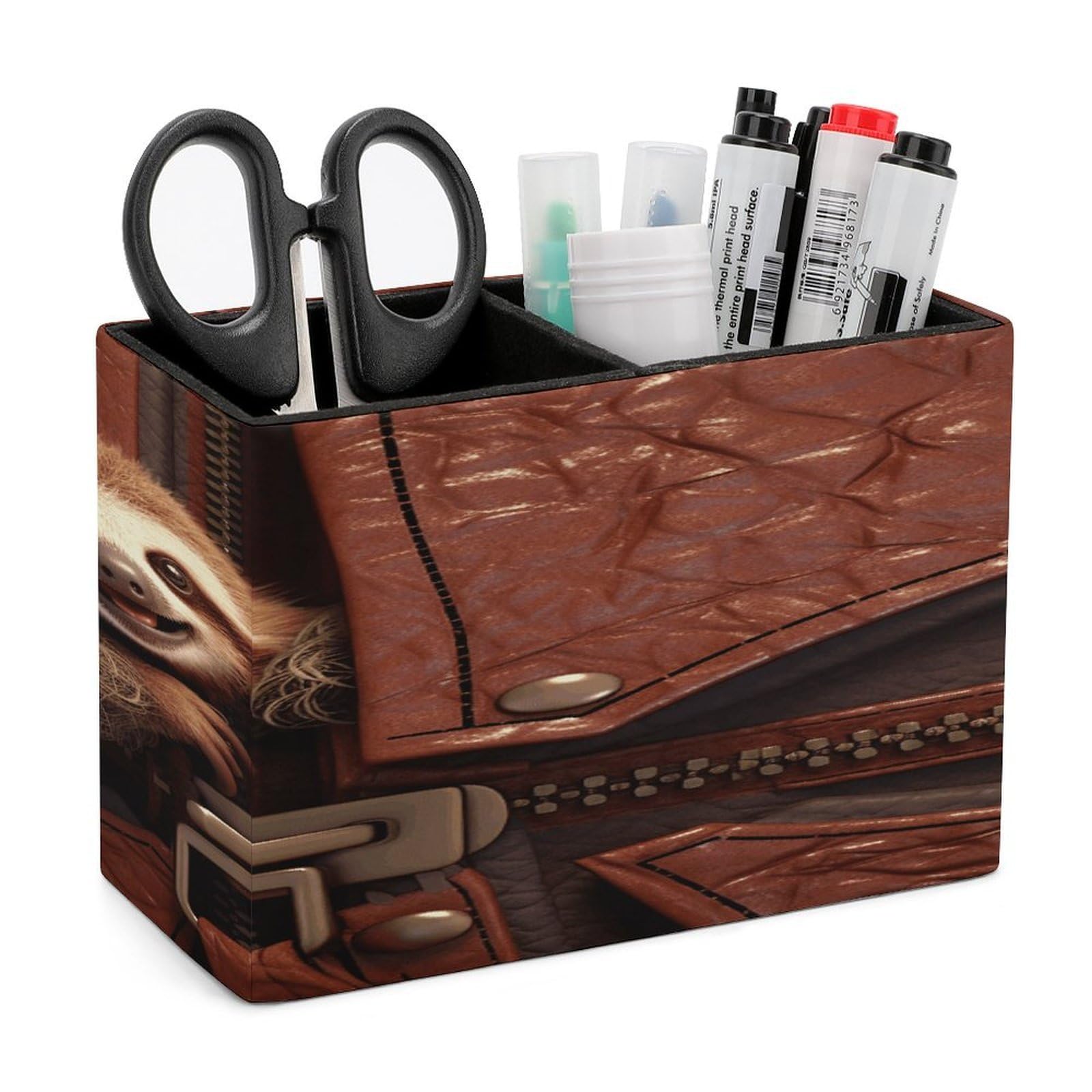 VstaDank Sloth on Zipper Pencil Holder for Desk Organizer 2 Compartments Pen Cup Leather Square Pen Holder Pencil Cup Stand Makeup Brush Holders for Desktop Organizer Storage Case