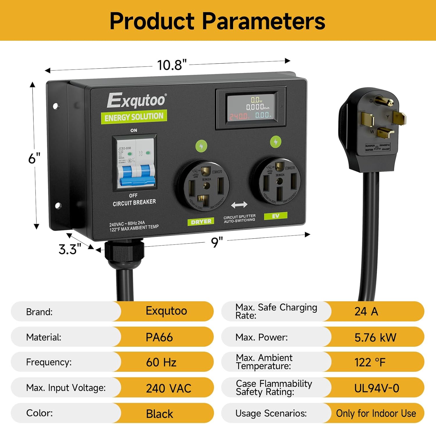 Exqutoo 4 Prong (NEMA14-50R) Dryer Splitter with Breaker - 24 Amp 240V Dryer EV Splitter, NEMA 14-30 to 14-50 Auto Switch for Dryer & EV, Left-Side Power Supply Priority, 2 EVs Fast Charging