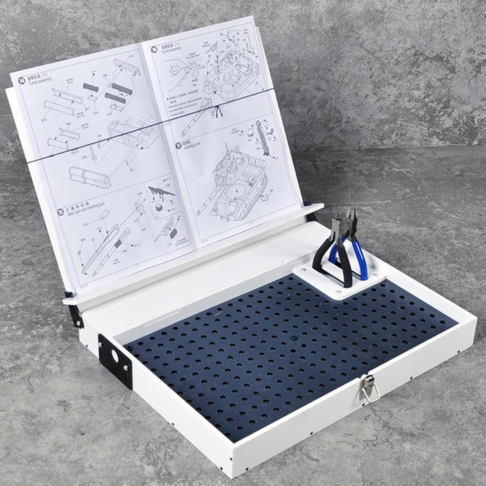 Kit di Modellismo, Banco da Lavoro Portatile con Superficie di Lavoro in Metallo e Vassoio Estraibile, Postazione di Lavoro di Precisione per la Costruzione, la Pittura e L'assemblaggio di Modelli
