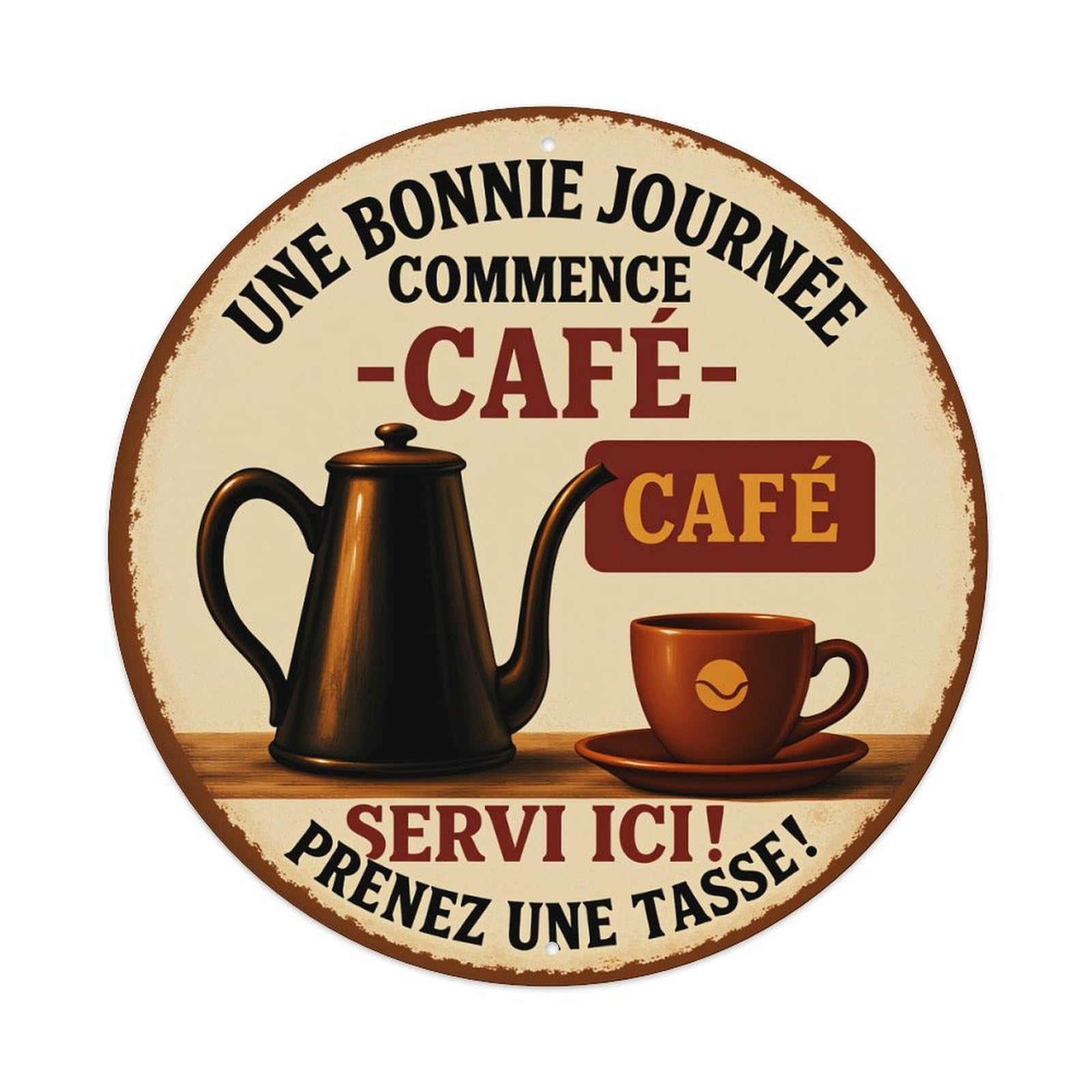 Cafe Pot Cup Saucer Sign Vintage Metal Tin Sign Retro Wall Decor for Home Bar Garage Cafe, Indoor & Outdoor Decorative，circle Metal Poster, 8x8 Inch