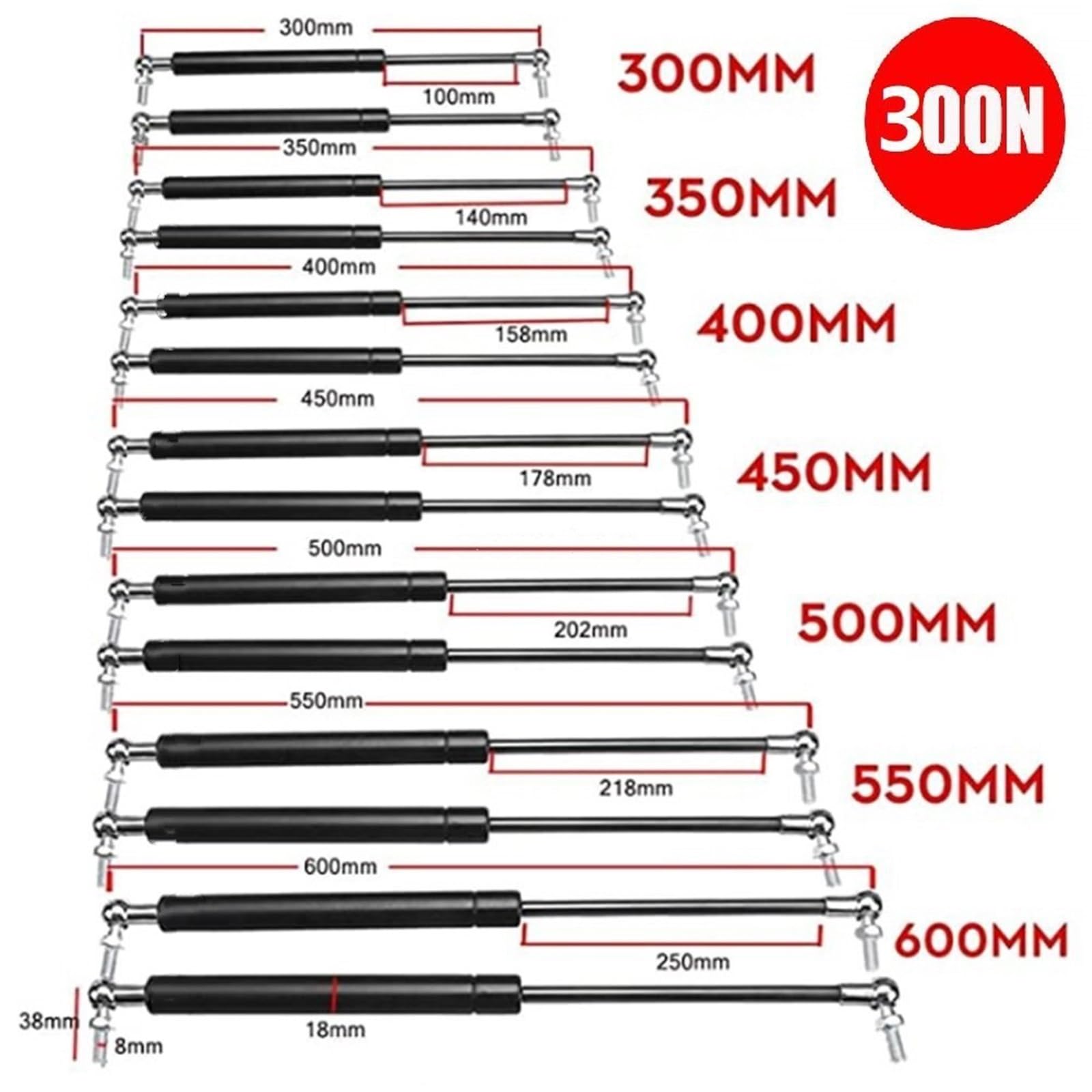 Vérins à gaz pour coffre de voiture Lot de 2 vérins à gaz universels 300-600 mm 300 N pour capot voiture, caravanes, portes, fenêtres, hayon, bateau, bus(500MM)