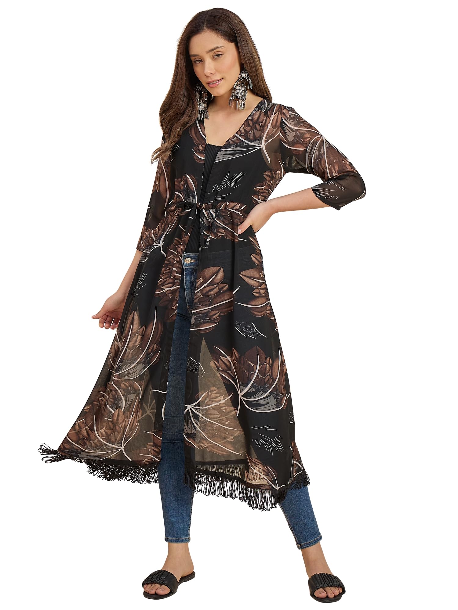 Black & Brown Floral Printed Longline Tie-Up Shrug-image-26