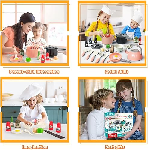 Miniatura 8 de Bruvoalon Juego de 32 juguetes de cocina para niños, accesorios de cocina con ollas, sartenes, utensilios de cocina, alimentos, verduras enlatadas,