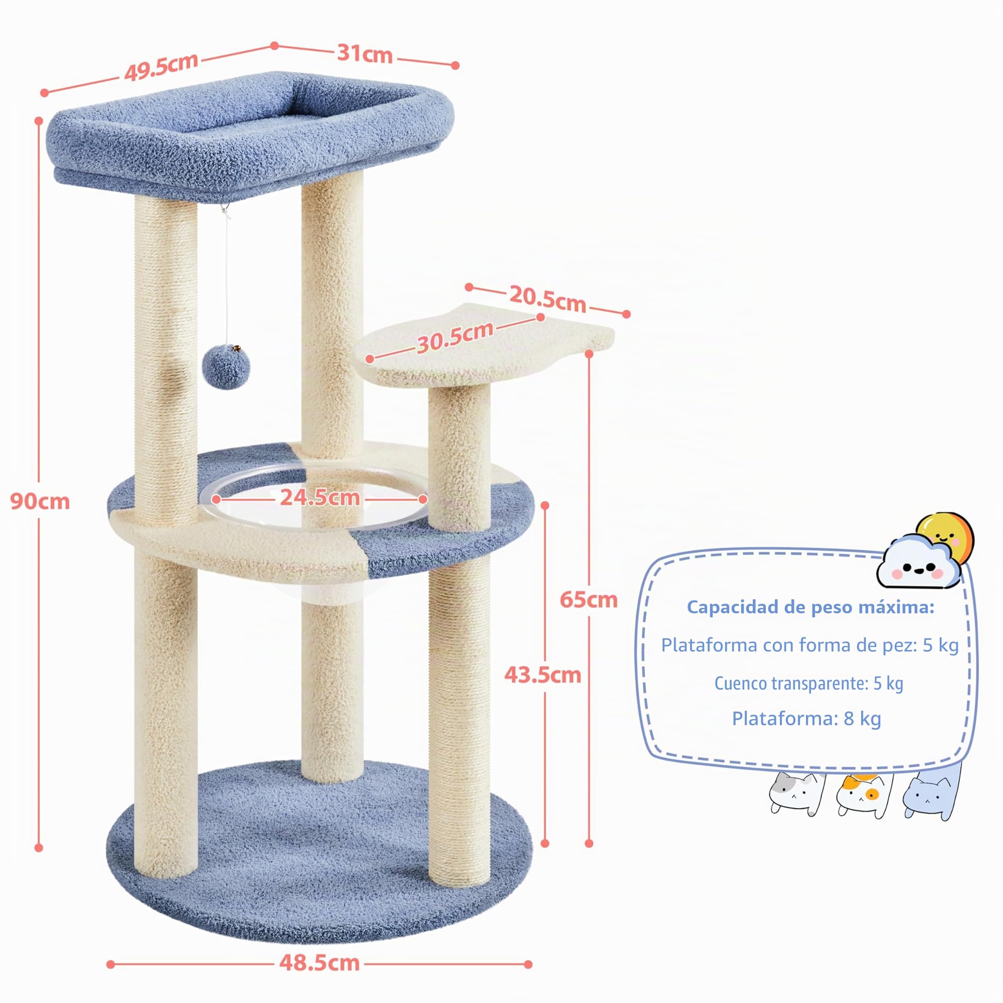 Yaheetech Árbol Rascador para Gatos 90 cm con Soporte Centro Azul y Beige | Cesta Redonda Transparente, Perca superior, Plataforma en forma de paz, Poste sisal resistente,Fácil montaje, Ahorra espacio