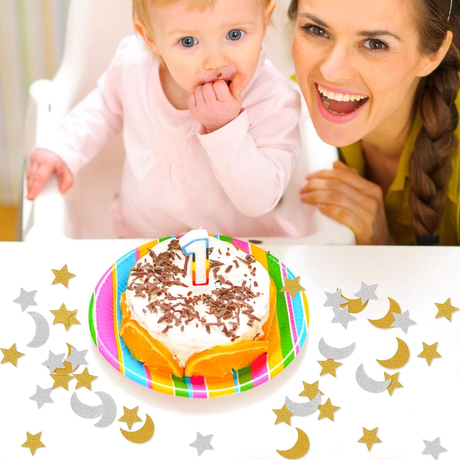 Zonon 400 Pcs Moon Star Confetti Paper, Gold, Silver