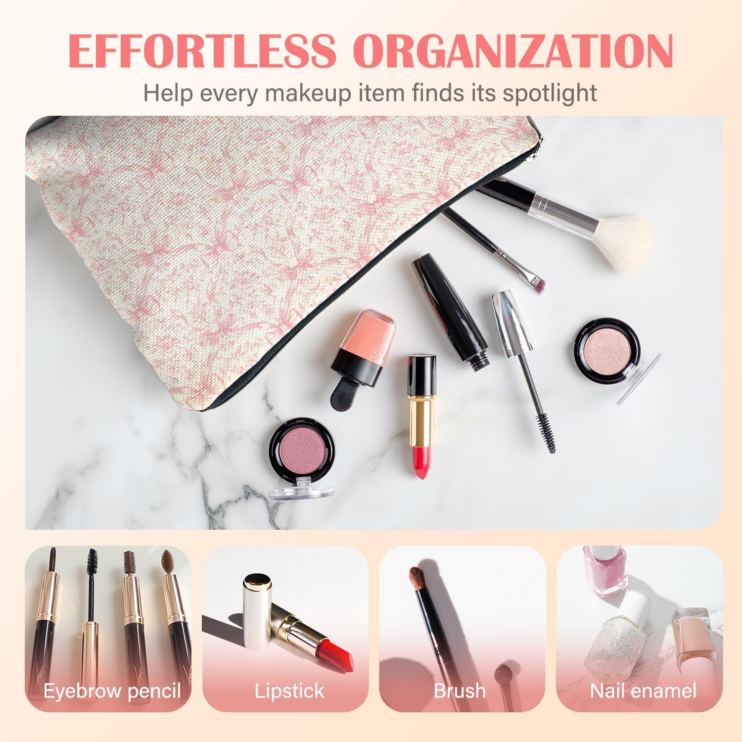 Coquette Pink Bow Floral Makeup Bag for Women, Girly Preppy Pink Toile De Jouy Flower Cosmetic Bag for Purse, French Country Makeup Zipper Pouch - Image 3