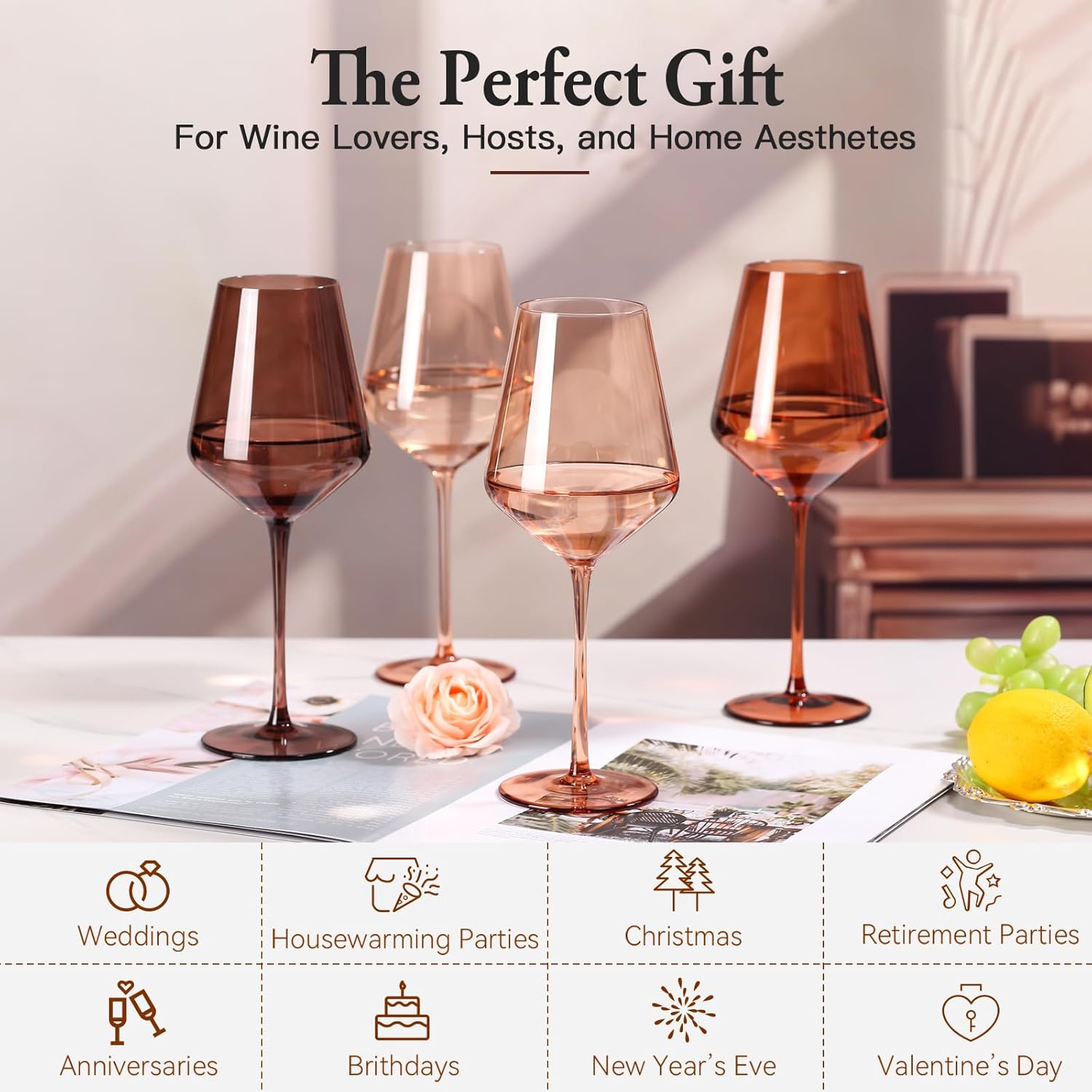 Venus Colored Wine Glasses Set of 6, Handblown Wine Glasse,Amber Coloful Glassware,17OZ for Red or White Wine - Image 7