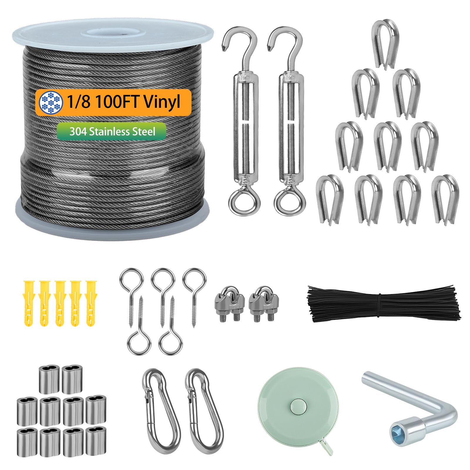 1/8" Wire Rope Kit, 100FT Vinyl Coated Stainless Steel Wire, Turnbuckles for Cables Aircraft Wires, 304 Coated Steel Cable for Hanging Outdoor String