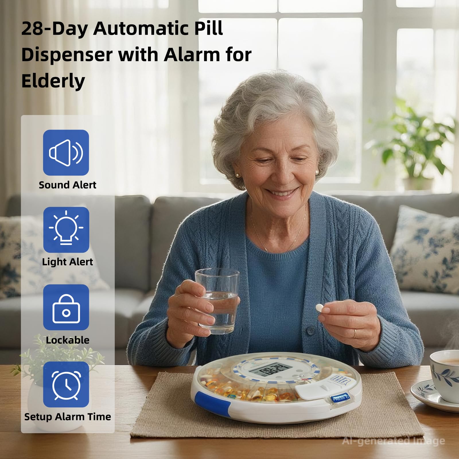 JULOS Pilulier automatique de 28 jours avec alarme et soins de la maladie d'Alzheimer, organisateur de médicaments avec écran LCD facile à lire, alertes sonores et lumière et clés pour médicaments,