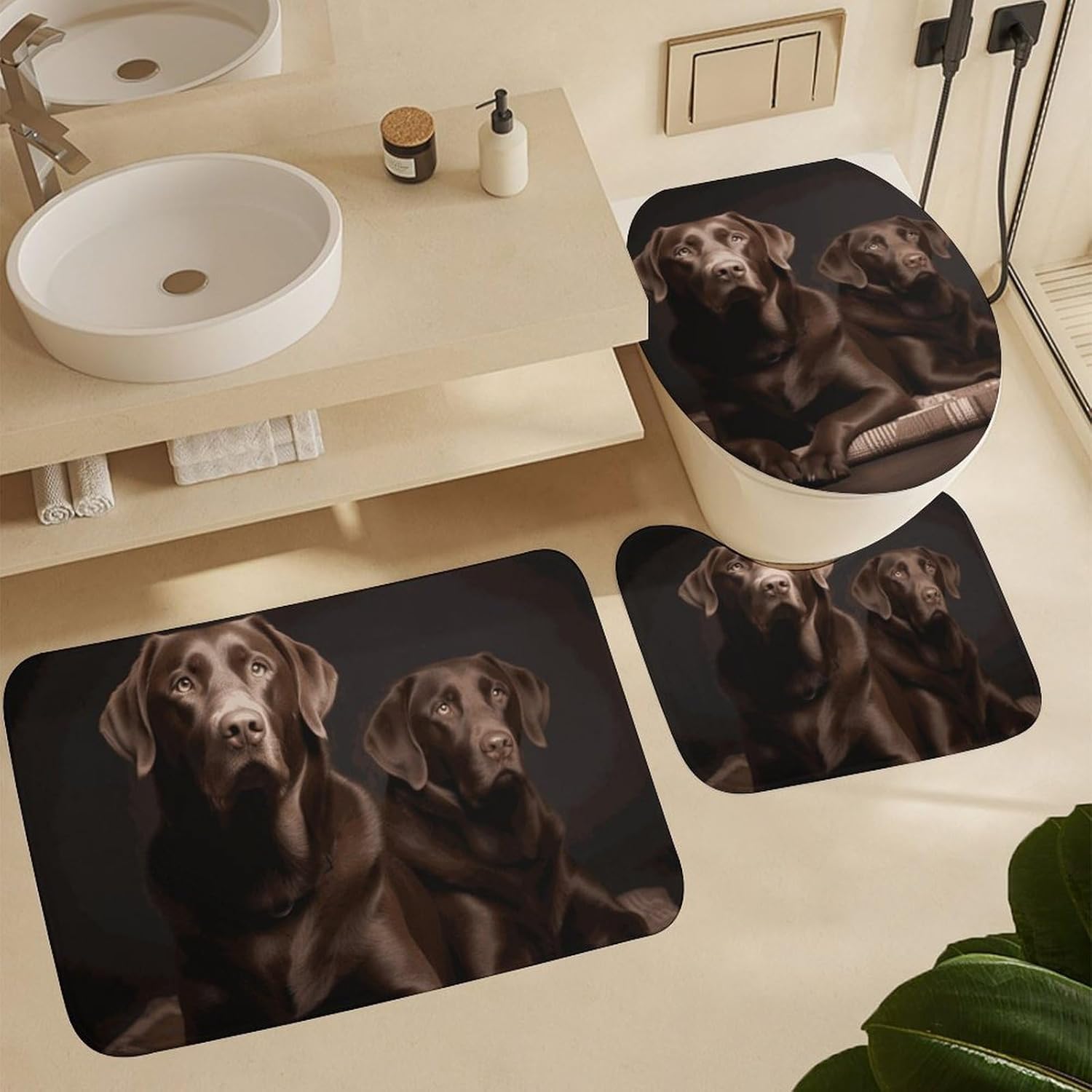 Brown Labrador Retriever Shower Curtain Set 4 Piece, Non-Slip Bath Mat with Toilet Lid Cover and Waterproof Shower Curtain with 12 Hooks, Complete Bathroom Set for Home Decor