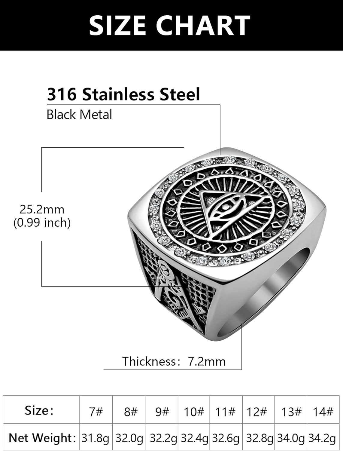 Masonic Signet Rings for Men, 316L Stainless Steel/18K Real Gold/Black Metal Freemason Jewelry, Punk Biker Mason Ring, Size 7-12 - Image 6